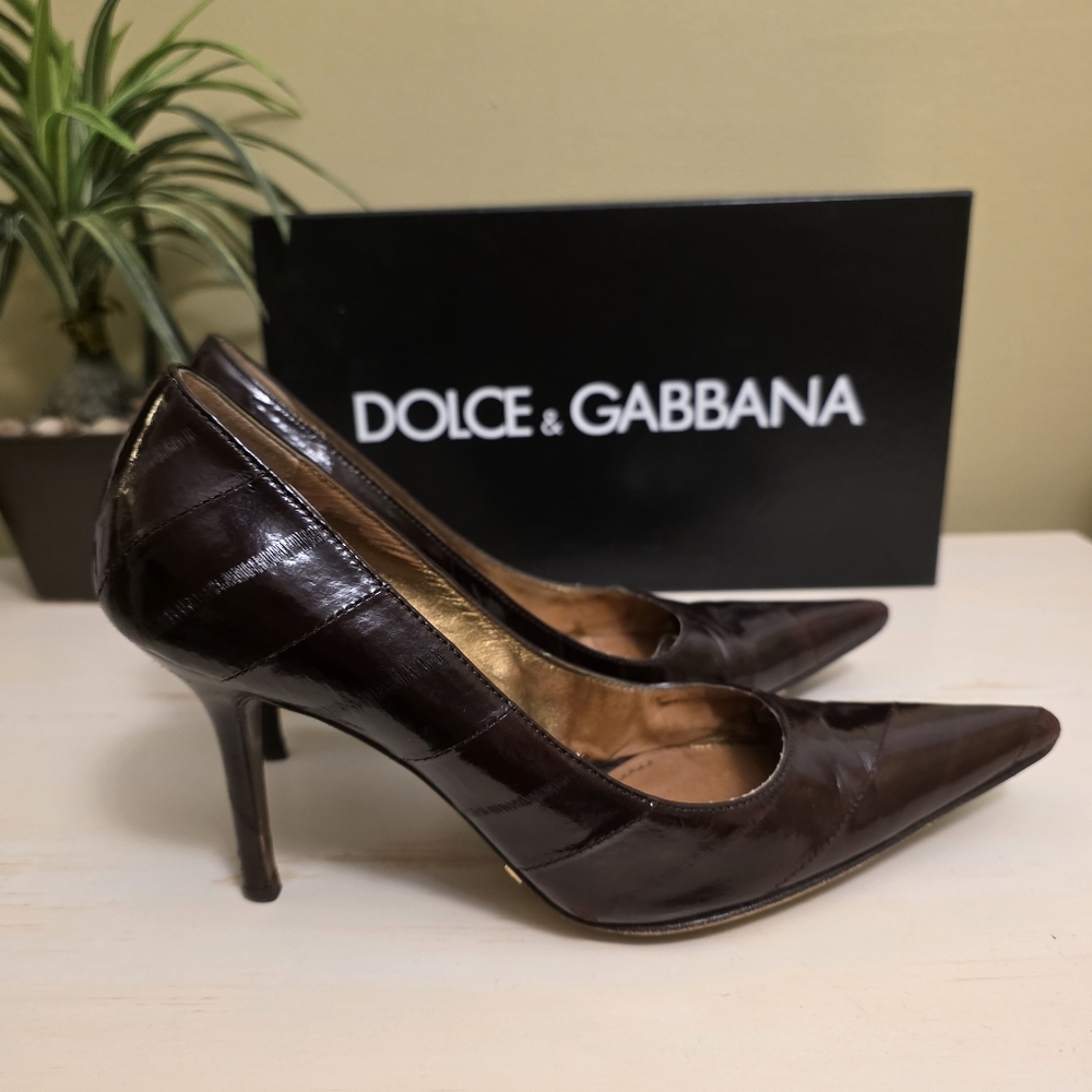 Dolce & Gabbana | Dark Brown Leather Pointed-Toe Pumps Sz 36.5 - Picture 7 of 12